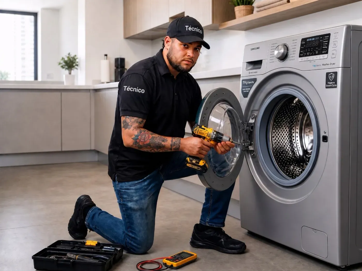 Técnico reparando una lavadora Whirlpool en Medellín