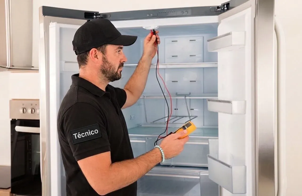 Técnico reparando una nevera Whirlpool en Medellín
